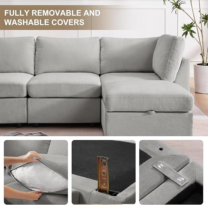 EDILLY 122 inches Oversized Modular Sectional Fabric Cloud Sofa Set, Extra Large L Shaped Couch Reversible Chaise Couch,4 Seat Modular Sofa, Light Grey