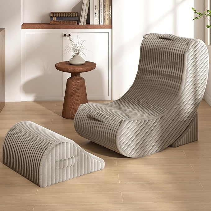 Gaint Bean Bag Chairs for Adults, Beanbag Lounge Filled with Memory Foam, Adjustable Angle, Corduroy Fabric, with Detachable Footrest for Bedroom, Living Room and Nursery(Khaki)