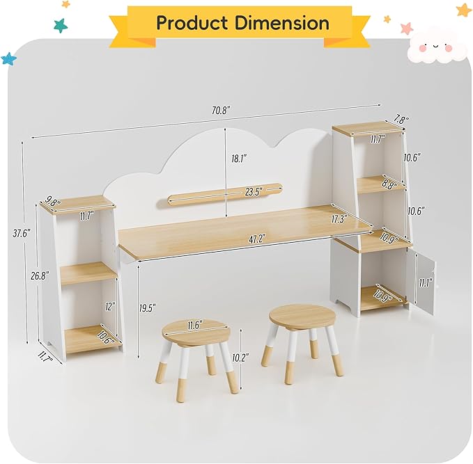 Xilingol Kids Study Desk with Bookshelves and 2 Stools, Kids Desk and Chair Set with 5 Storage Cabinets, Wooden Children Writing Table, Student Study Table for Ages 3-8, Bedroom, Boys, Girls