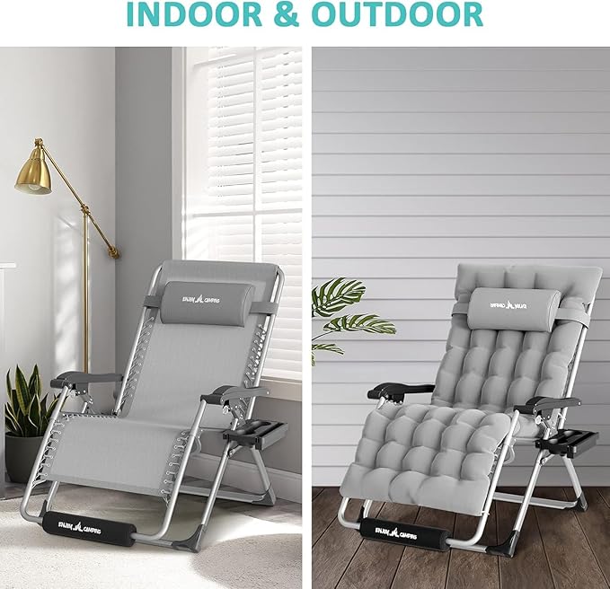 Amopatio Outdoor Padded Zero Gravity Chair 25" Seat Width, XXL Camping Lounge Chairs with Cushion, Oversized Folding Reclining Patio Chair for Outside Deck, Yard, Porch, Pool, Light Grey
