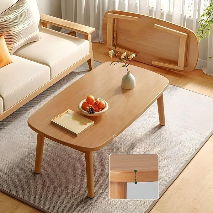 RUNNUP Modern Wood Coffee Table for Living Room Center, Minimalist Display Coffee Table, Foldable Side End Table, 39" L x 22" W x 17" H Natural