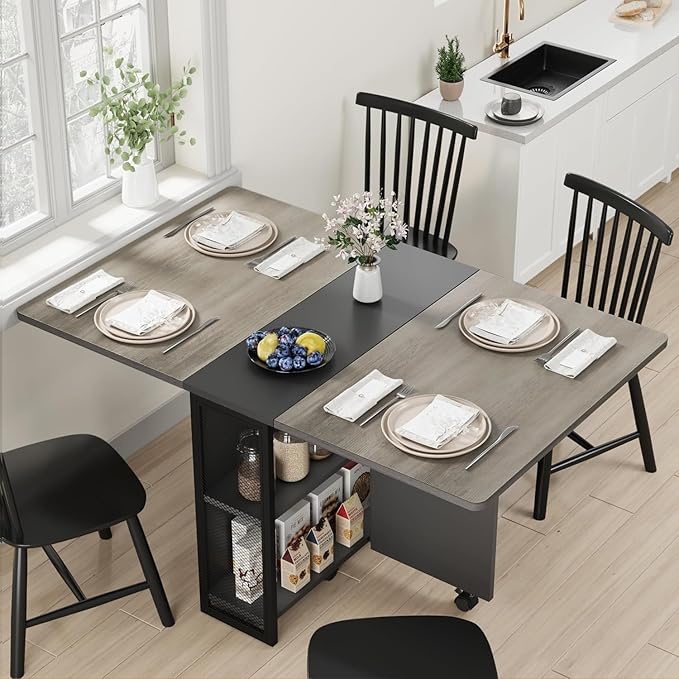 IDEALHOUSE Folding Dining Table, Drop Leaf Dining Table with 6 Wheels and 2-Layer Storage Shelf, Space Saving Kitchen Table for Small Spaces (Slate Oak, 50.1" D x 31.4" W x 29.5" H)