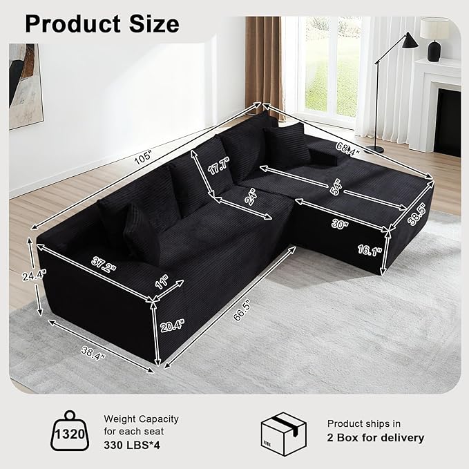 105" Cloud Modular Sectional Couch with L-Shape Chaise, Upholstered Corduroy Couches for Living Room, No Assembly Required Deep Seat Boneless Sofa