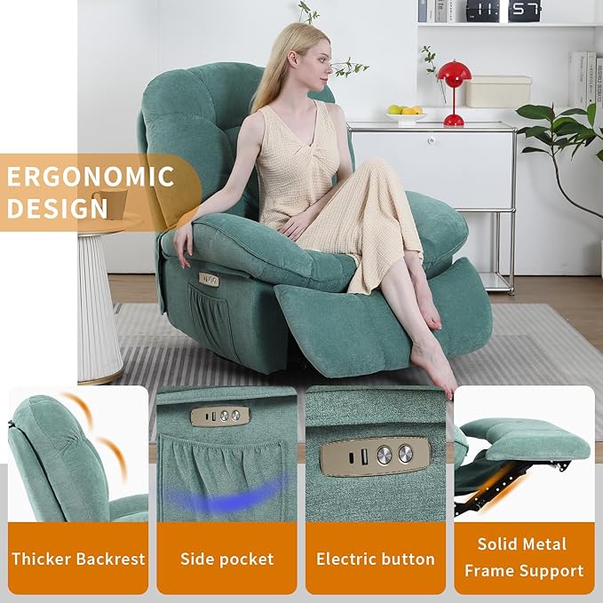 EDWELL Green Massage Swivel Recliner Chair, Oversized Rocker Recliner with Heated, Vibration Massage and Lumbar Heat Ergonomic Rocker Chair for Adults with Side Pocket, USB Charge Port
