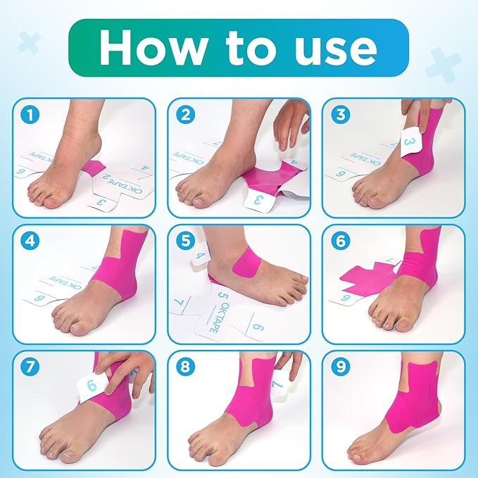 OK TAPE Precut Kinesiology Ankle Tape, 10 Pcs, Pain Relief, Prevent Ankle Sprain, Provide Support for Ankle Ligament, Elastic Athletic Tape, Breathable K Tape for Daily use - Black