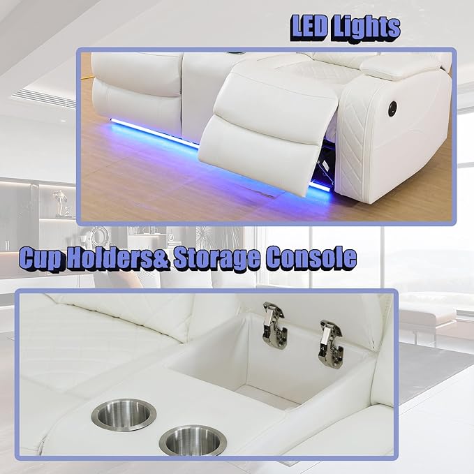 Dekmxas Creamy White Breathing Leather Power Reclining Sectional Sofa Set, Leather Recliner Sofa with LED Light, Living Room Furniture Sets with Storage Console/Cup Holder/USB Port for RV/Home Theater