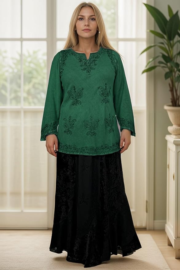 Agan Traders 2025 Winter Long Sleeve Diamond Neck Embroidered Tops - Medieval Boho Vintage Tunic Kurta Blouses for Women