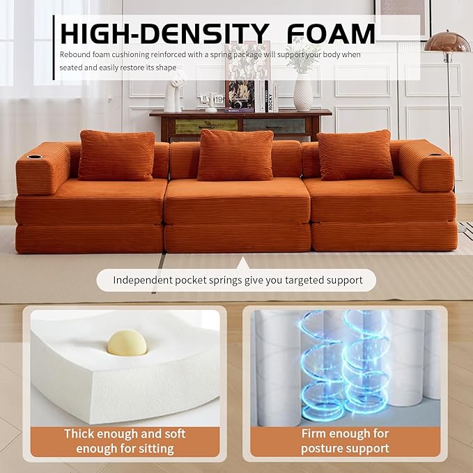 118" Oversized Convertible Floor Sofa Bed, Boneless Foldable Mattress Cloud Couch with Pillow Back & Armrest, Fold Out Floor Couch with Cup Holder for Living Room Bedroom Lounge, Corduroy, Orange