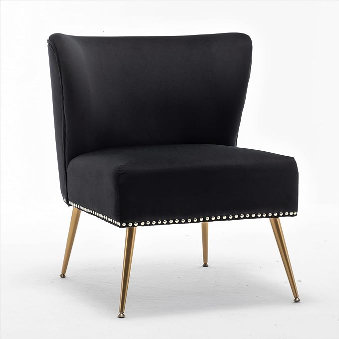 Container Furniture Direct Thia Armless Velvet Accent Chair for Living Room, Elegant Seat with Nailhead Trim, Gold Metal Legs and Comfortable Curved Back, 28" D x 25" W x 29.5" H, Black