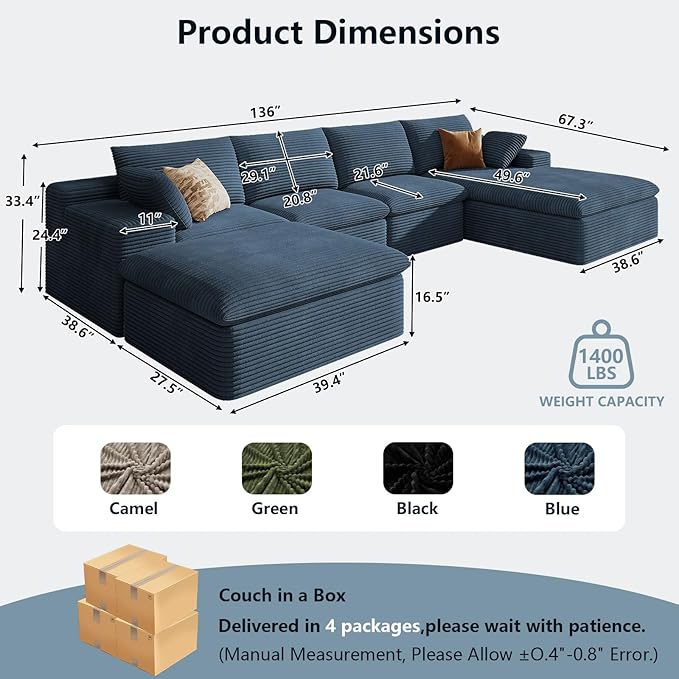 136" Cloud Sectional Couch with U-Shaped Chaise,Corduroy Viral Boneless Sofa with Ottoman,Memory Foam Couches in a Box with Deep Seat for Living Room,No Assembly Required (Blue,Right-Facing Chaise)