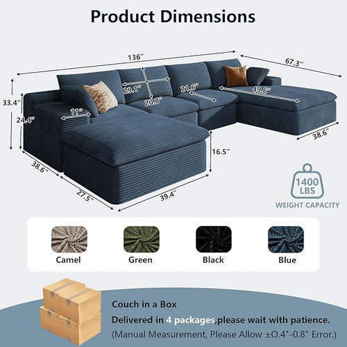 136" Cloud Sectional Couch with U-Shaped Chaise,Corduroy Viral Boneless Sofa with Ottoman,Memory Foam Couches in a Box with Deep Seat for Living Room,No Assembly Required (Blue,Right-Facing Chaise)