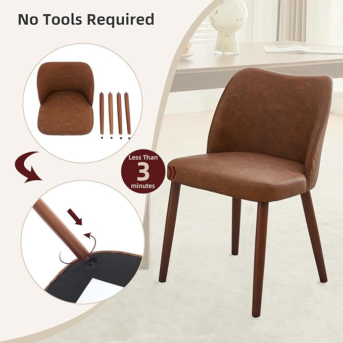 ElfinAura Dining Chair Set of 4, Leather Upholstered Dining Chair with Wood Legs, Wing Backrest, Wooden Kitchen Chair, Kitchen Chairs with Thick Cushions for Dining Room, Living Room, Brown