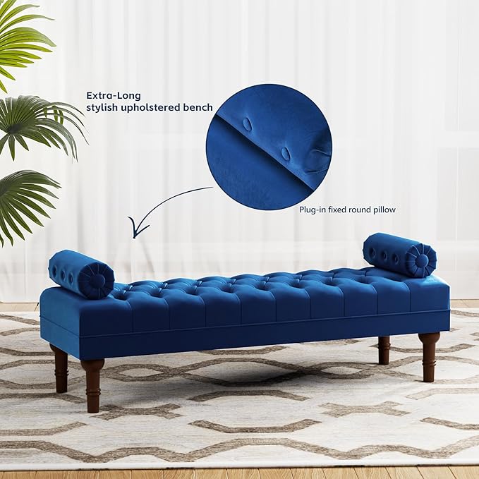 60.2" End of Bed Bench,Large Size Velvet Bench for Bedroom,Upholstered Window Bench with Button-Tufted,Entryway Bench,Storage Bench for Living Room(Blue)