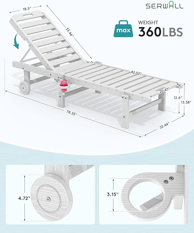 SERWALL Patio Chaise Lounge Chair Set of 2, HDPE Outdoor Lounge Chair with Cup Holder, 5 Positions Adjustable Pool Lounger with Rolling Wheels for Poolside, Deck, Sunbathing, White