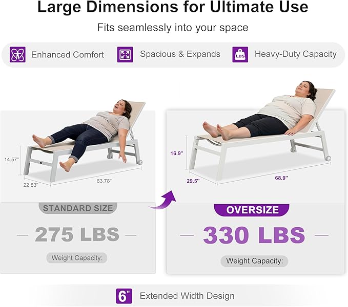 PURPLE LEAF Outdoor Oversized Chaise Lounge Set for Tall & Strong Individuals Adjustable Recliner Extra Wide Lounge Chairs with Side Table for Poolside Beach Patio Aluminum Chaise Lounger Khaki