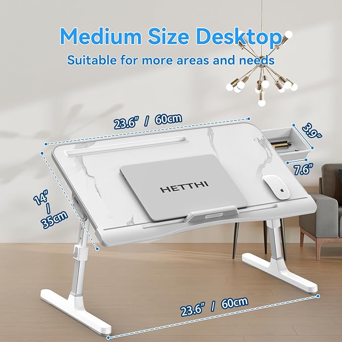 Laptop Bed Tray Table, Adjustable Sturdy Laptop Stand for Bed with Premium Materials, Folding Portable Lap Desk with Drawer for Writing Working Reading Eating Couch Floor (Marble, 23.6"×14")