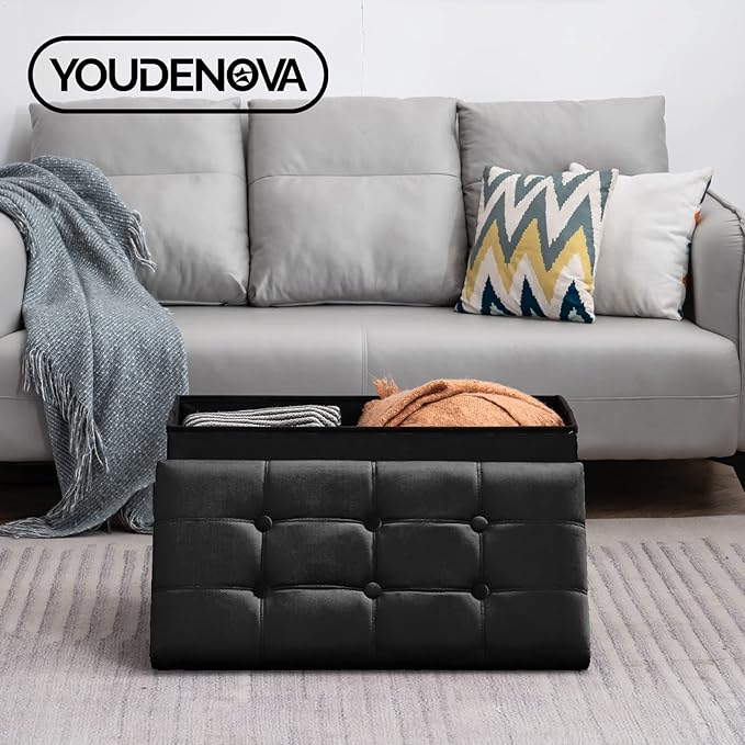 30 Inches Folding Storage Ottoman Bench, Velvet Storage Chest, Footrest Couch with Wooden Legs, Support 350lbs for Bedroom, Living Room, Hallway, Black