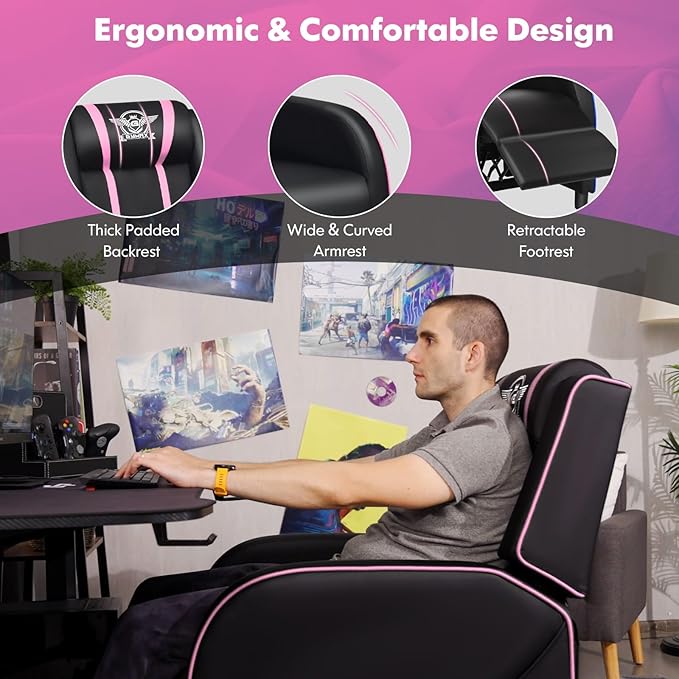 GYMAX Gaming Recliner, Massage Gaming Chair w/Adjustable Footrest, Remote Control & Side Pocket, Ergonomic Game Lounge Chair, Racing Style Single Theater Seat Game Sofa for Adults (Pink)