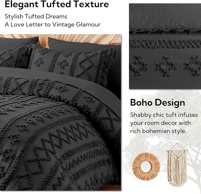 MR&HM Twin XL Comforter Set Black, 5 Pieces Tufted Boho Beddding Sets, Farmhouse Style Bed in a Bag with 1 Comforter, 1 Pillow Sham, 1 Pillowcase, 1 Flat Sheet, 1 Fitted Sheet for College Dorm