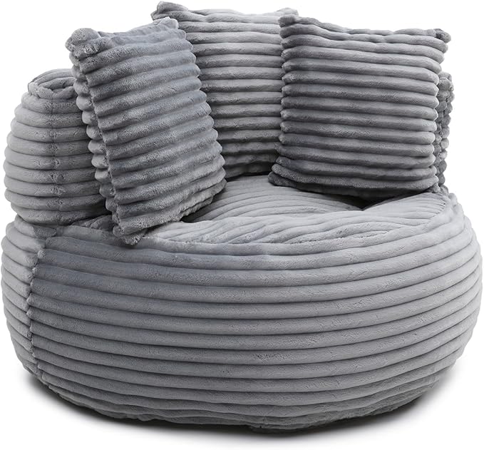 Bean Bag Chair, Corduroy Oversized Chair for Adults, Comfy Big Accent Sofa Lounge Floor Chair, Stuffed Bean Bag Couch for Gaming, Reading, Living Room, Bedroom, Grey