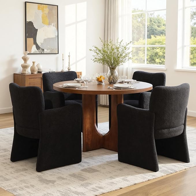 CIMOTA Boucle Dining Chairs Set of 4, Sherpa Upholstered Accent Chairs with Arms/Wood Legs, Comfortable Kitchen Chairs for Living/Reception/Dining Room, Black