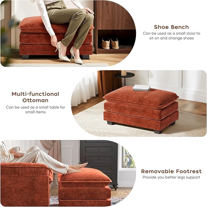 CDCASA 50'' Oversized Chair with Ottoman, Chenille Comfy Cloud Sofa Accent Chair w/Large Seat and Armrest, Modern Extra Wide Armchair Reading Chairs for Bedroom, Living Room, Terracotta Orange