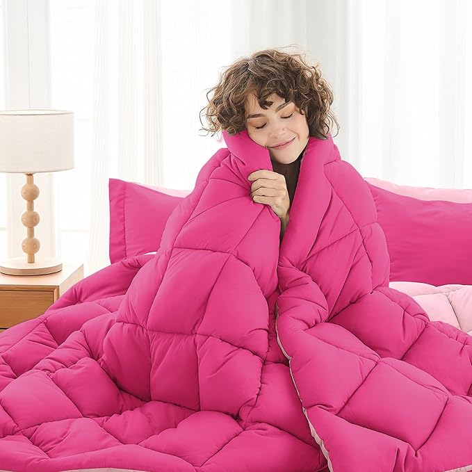 MUXHOMO 5 Pieces Twin XL Comforter Set, Reversible Bed in a Bag Twin XL Size, All Season Bedding Set with Comforter, Flat Sheet, Fitted Sheet, Pillowcases & Shams, Hot Pink & Baby Pink