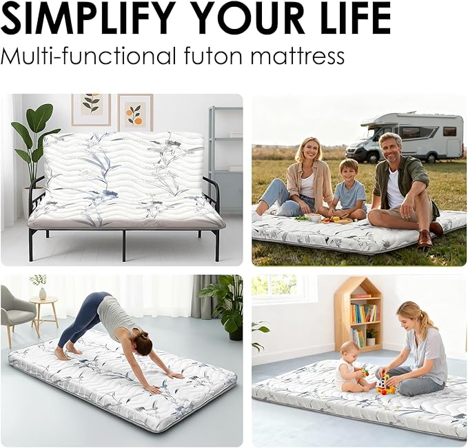 Japanese Floor Mattress, 3.5" Thicken Ink Wash Floral Pattern Portable Futon Mattress, 100% High-Density Foam Tatami Mat Sleeping Pad for Camping Guest Room Dormitory RV, White, Full