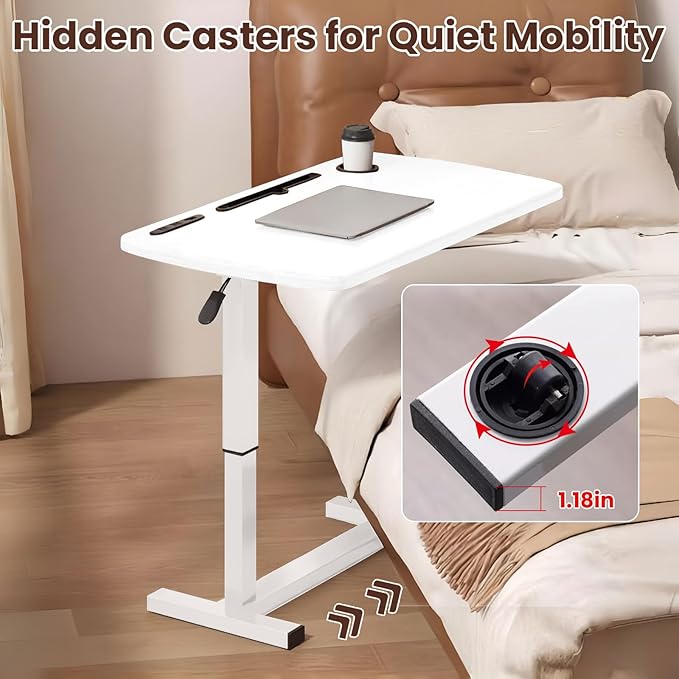 Overbed Table with Adjustable Height, Hospital Bed Table with Wheels, Rolling Bedside Table Pneumatic Mobile Standing Laptop Desk with USB Charging and Cup Holder