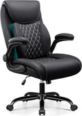 BESTFAIR Office Chair,Ergonomic Office Chair with Lumbar Support for Lower Back Pain Relief, Executive Leather Chair with Padded Flip-up Arms, Wheels and Adjustable Armrests, Black