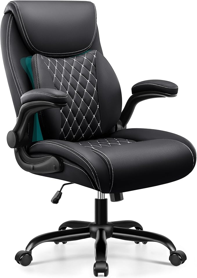 BESTFAIR Office Chair,Ergonomic Office Chair with Lumbar Support for Lower Back Pain Relief, Executive Leather Chair with Padded Flip-up Arms, Wheels and Adjustable Armrests, Black
