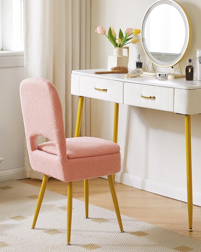 IBUYKE Small Storage Vanity Stool with Folding Backrest, 12.99" x 13.78" x 31.5" Square Teddy Velvet Ottoman, Makeup Chair for Living Room, 4 Metal Legs with Anti-Slip Feet, Pink WBD027P