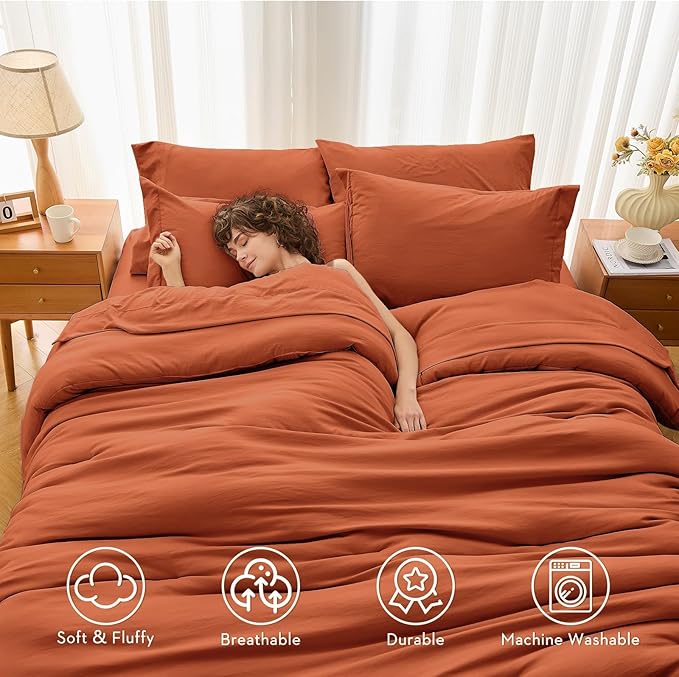 MUXHOMO 7 Pieces California King Comforter Set, Soft Bed in a Bag Cal King Size, All Season Bedding Set with Comforter, Flat Sheet, Fitted Sheet, Pillowcases & Shams, Burnt Orange