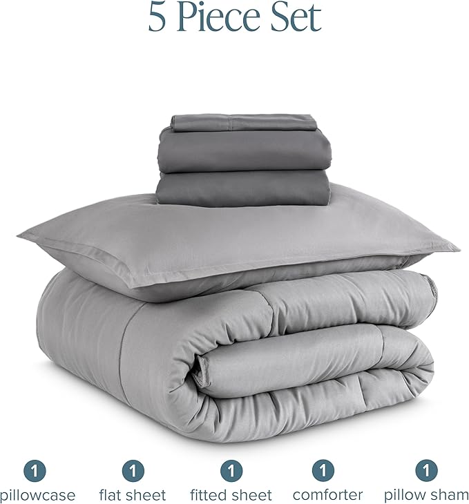 Bare Home Bed-in-A-Bag 5 Piece Comforter & Sheet Set - Twin XL - Goose Down Alternative - Ultra-Soft 1800 Premium Bed Set (Twin XL, Light Grey/Grey)