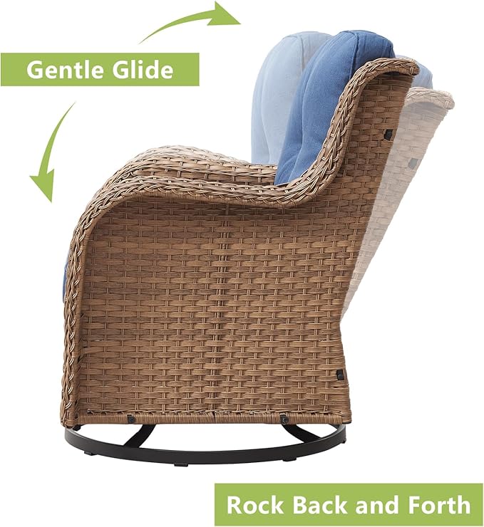 Rilyson Patio Furniture Swivel Chairs Set - 5 Piece Wicker Rattan Outdoor Sectional Conversation Sets with 2 Rocking Swivel Chairs,2 Ottomans and 1 Sofa for Porch Deck Garden(Yellow/Blue)