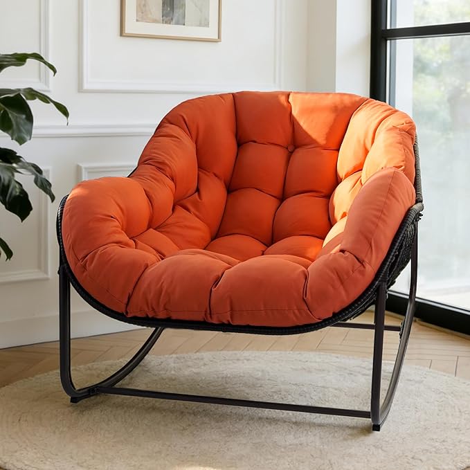 Sgentle Papasan Rocking Chair Outdoor, Oversized Patio Rocking Chair with Cushions & Steel Frame, Wicker Egg Lounge Chair Indoor, Comfy Reading Chair for Patio, Deck, Porch (Red, Style 1)