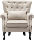 DM Furniture Mid Century Accent Chair for Living Room, Linen Fabric Button Tufted Armchair Wingback Club Chair, Modern Single Sofa Lounge Chair with Pillow for Reception/Bedroom, Beige