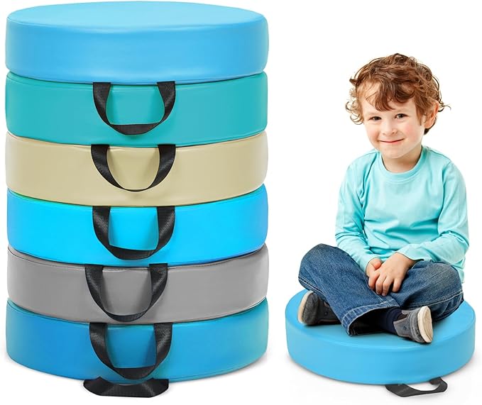 DORTALA 6 PCS Round Flexible Seating Floor Cushions, PU + EPE Portable Classroom Cushion w/Handles, Stackable Seating Cushions for Classroom, Daycare, Preschool (Blue)