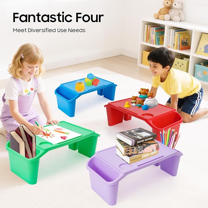 Mind Reader Kids Lap Desk, 4 PCS Kids Lap Desk Bulk Tray Lap, Portable Activity Tray with Side Storage, Stackable Plastic Desk Table for Students Drawing, Snacks, Study (Colorful, Small)