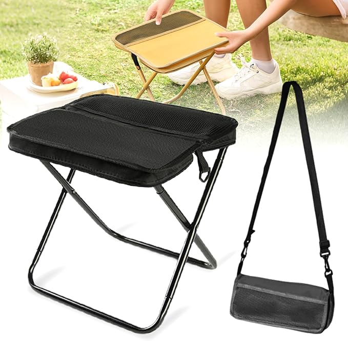 hoehew Portable Stool for Mountaineering and Hiking, 2025 New Lightweight Foldable Stool with Carrying Bag, Outdoor Footstool for Picnic Hiking Fishing (Black, Small)