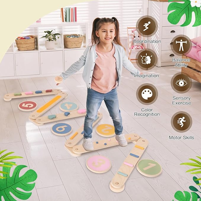XYMERO Kids Wooden Balance Beam, 6 PCS Toddler Waldorf and Montessori Balance Board, Motor Skill Stepping Toy for Kids 3-5 Years, Gymnastic Obstacle Training Tools