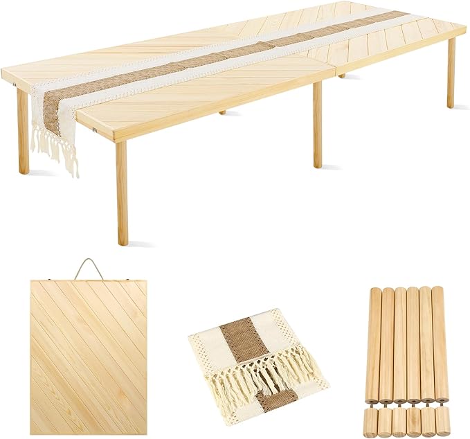 Folding Picnic Table with Table Runner, Portable Boho Low Picnic Table for Indoor Outdoor, 80" x 30" Wooden Table with Adjustable Heights for Camping, Wedding, Beach, Garden, Party(Large Size for 8)