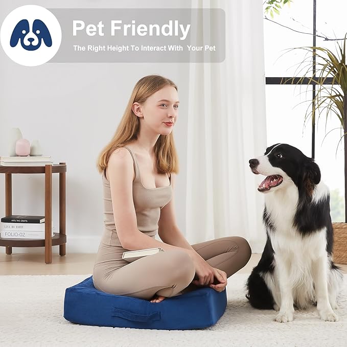 JKMAX 22 inches Floor Pillow for Adults - Large Meditation Cushion with Thick Foam & Soft Tufted Cover - Premium Outdoor Square Floor Cushion Seat - Yoga Pillows for Sitting On Floor - Navy Blue