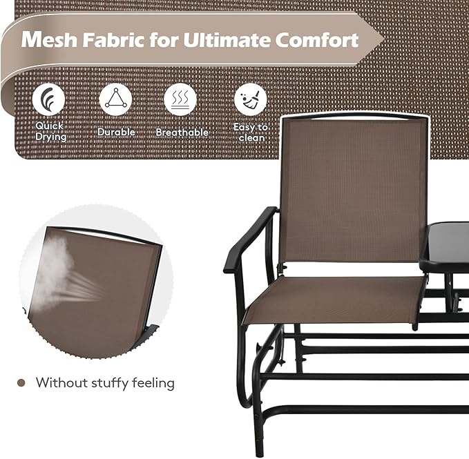 S AFSTAR 2-Person Outdoor Glider, Patio Glider Bench Chairs with Center Tempered Glass Table & Breathable Loveseat, Double Swing Glider Chair for Porch Garden Poolside Balcony Lawn (Brown)