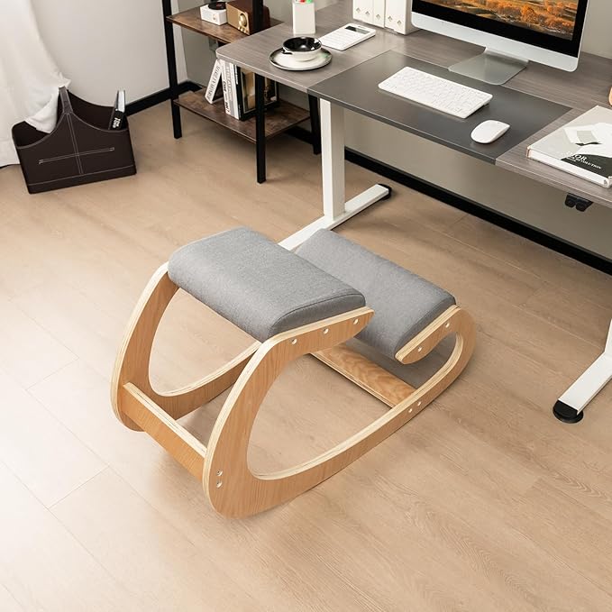 Giantex Ergonomic Kneeling Desk Chair, Rocking Knee Chair with Cushion & Solid Wood Frame, Natural Relief for Neck or Back Pain, Posture Chair for Desk, Home, Office, Max Load 330 Lbs (Grey)