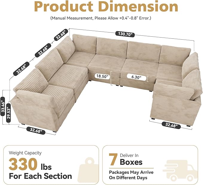 CAODOC Large 7 Seat Modular Sectional Sofa with Ottoman Seat Corduroy Sleeper Sectional Sofa Bed Oversized Convertible Modular Couch for Living Room
