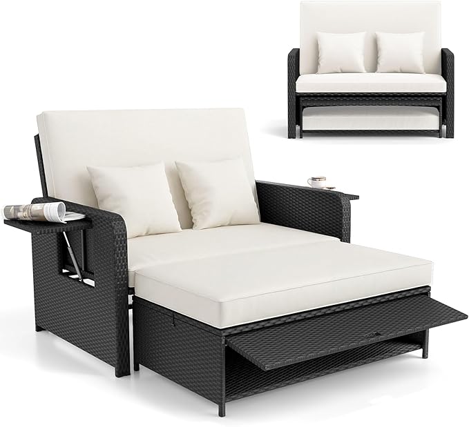 RELAX4LIFE Wicker Patio Outdoor Daybed - Rattan Day Bed Lounger w/Loveseat & Storage Ottoman, Sunbed Sofa Set w/Cushions, 4-Level Adjustable Backrest & 2 Retractable Trays, Patio Daybed (White-Black)