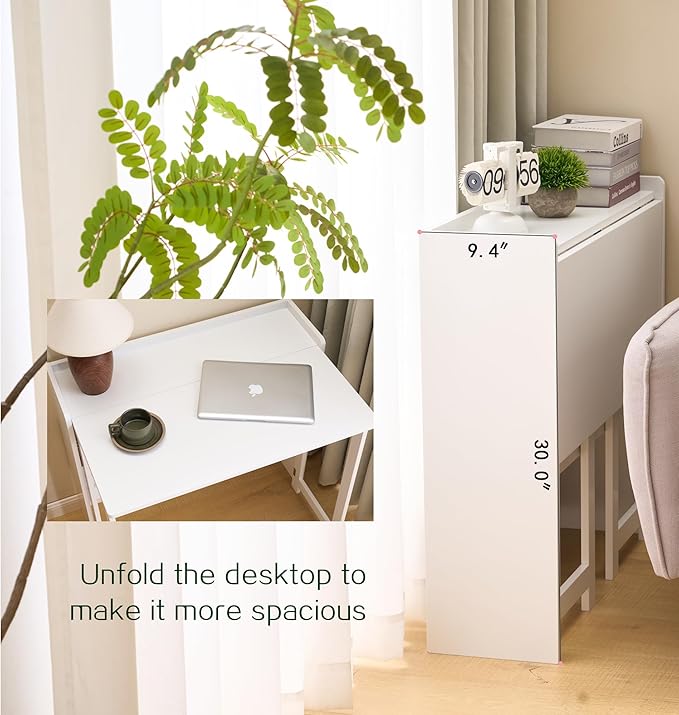 KEIKI 32.6" Folding Table with Storage Shelf, Foldable Computer Desk for Small Spaces, Space-Saving Study Table for Bedroom Home Office Dorm and Apartment, Ancient White
