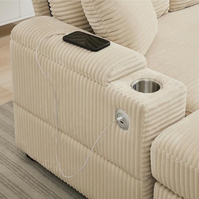 KEIKI Combination Sofa Bed Set, Indoor Chaise Lounge Sofa with Armrest Storage, Cupholders, USB, Deep Seat Sleeper Couch Reading Chairs for Living Room, Beige