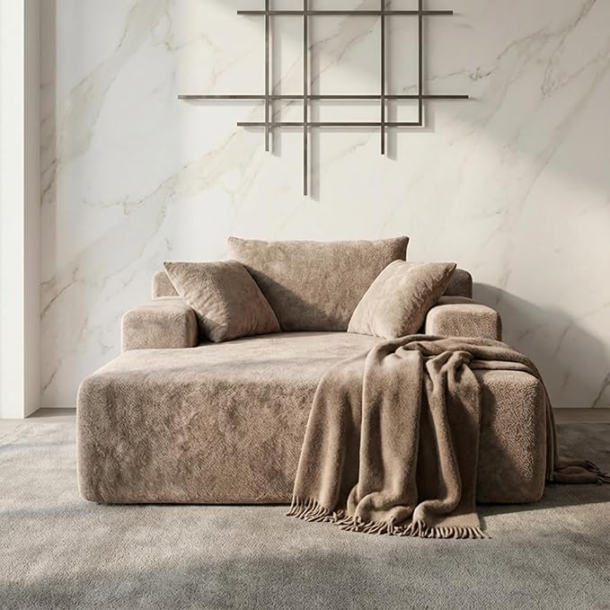 Sytopia Chaise Lounge with Armrests, Oversized Sofa Bed with 3 Pillows, Cozy Boneless Couch, Sleeper Reading Chair for Living Room Bedroom, Floor Sofa Chenille, Furniture Sala, Cashmere Beige